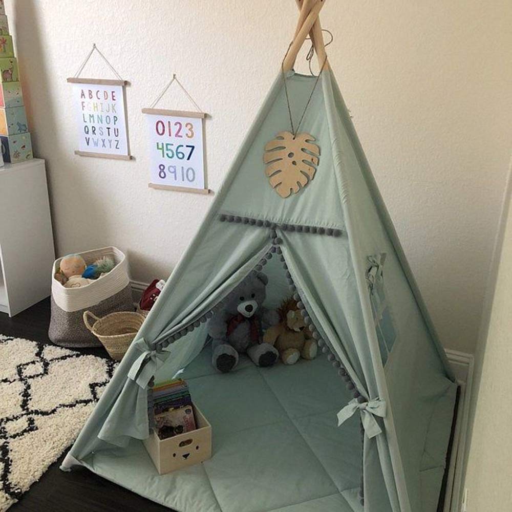Rongfa Kids Teepee Tent With White Pom Pom - Indoor Play Teepee For Children Boys Portable Play House (Green)