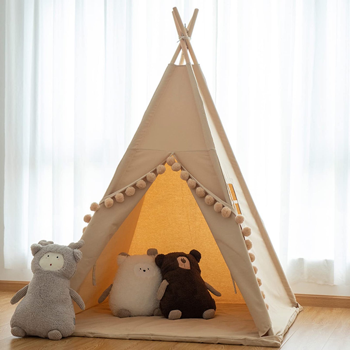 Rongfa Kids-Teepee-Tent With Lights &Large Pompoms & Carry Bag, Machine Washable Teepee Tent For Kids Indoor Tent, Foldable Toddler Tent For Kids -Toddler Teepee Tent For Girls & Boys(Without Mat)