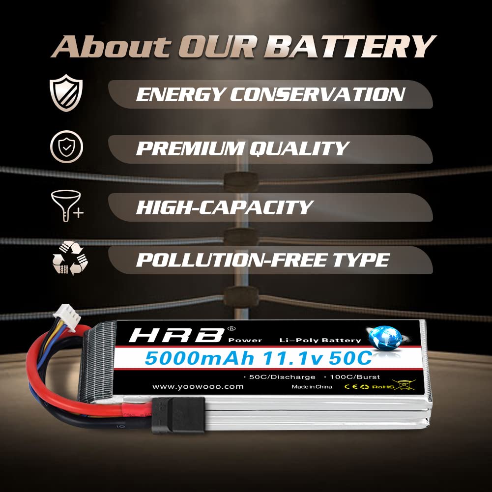 HRB 2PCS 11.1V 5000mAh 3S 50C-100C LiPo Battery TR Compatible with RC Cars Models Helicopter Airplane Quadcopter Truck Boat