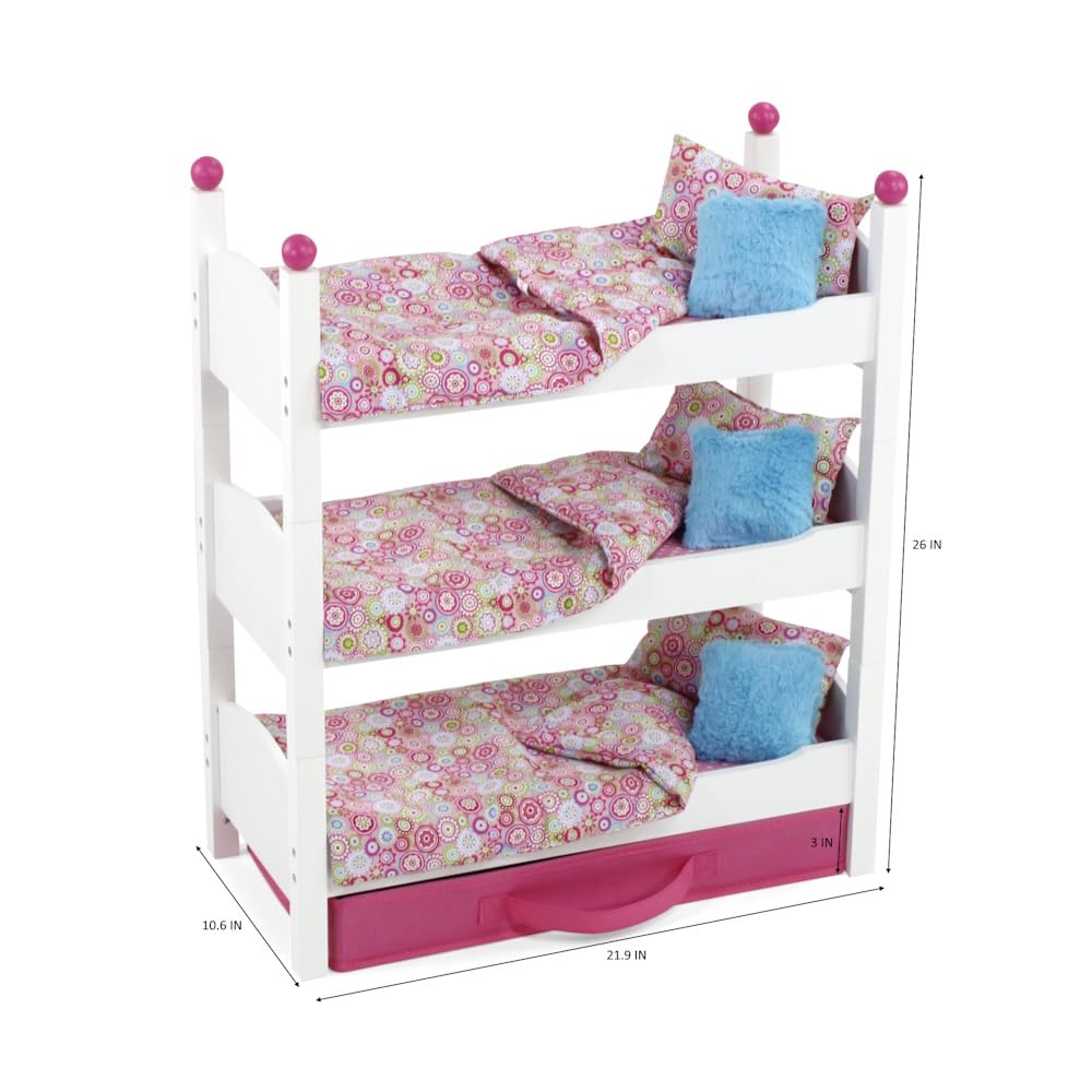 Emily Rose 18'' Doll Stackable Triple Bunk Bed, Beds For 18 Inch Dolls | Bunkbed With Clothes Storage Drawer, Bedding & Ladder,