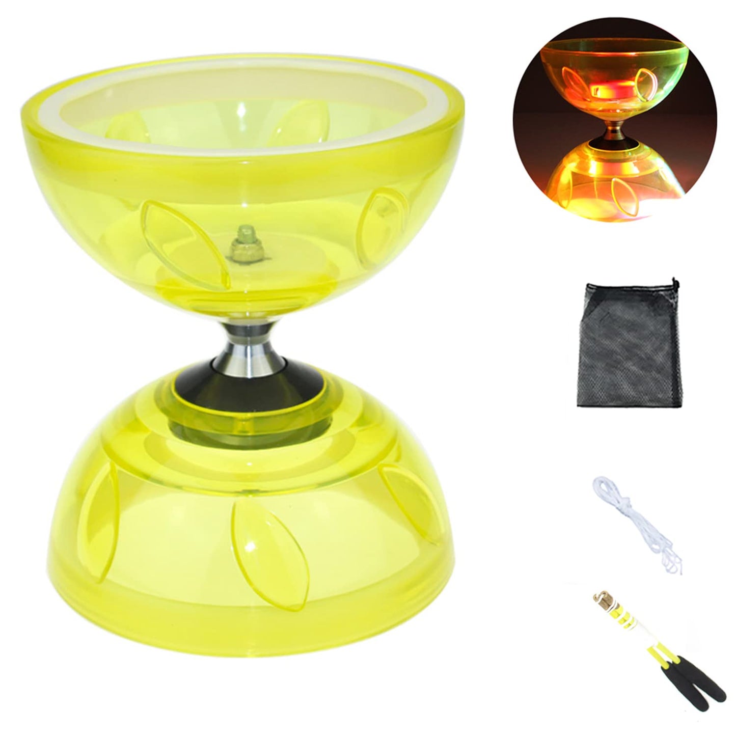 Diabolo Chinese Yoyo Set ,Triple Bearing Diabolo Chinese Yo-Yos Juggling Toys With Colorful Led Diabolo With Diablo Sticks, Diabolo String&Net Bag, Easier Start/ Faster/ Stable&Lasts Longer (Yellow)