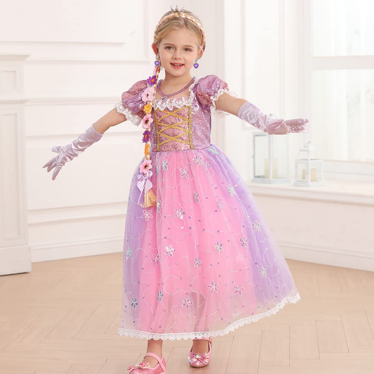 Itvti Princess Rapunzel Costume Little Girls Dress Up For Birthday Party Halloween Carnival, 6-7 Years(Tag 140)