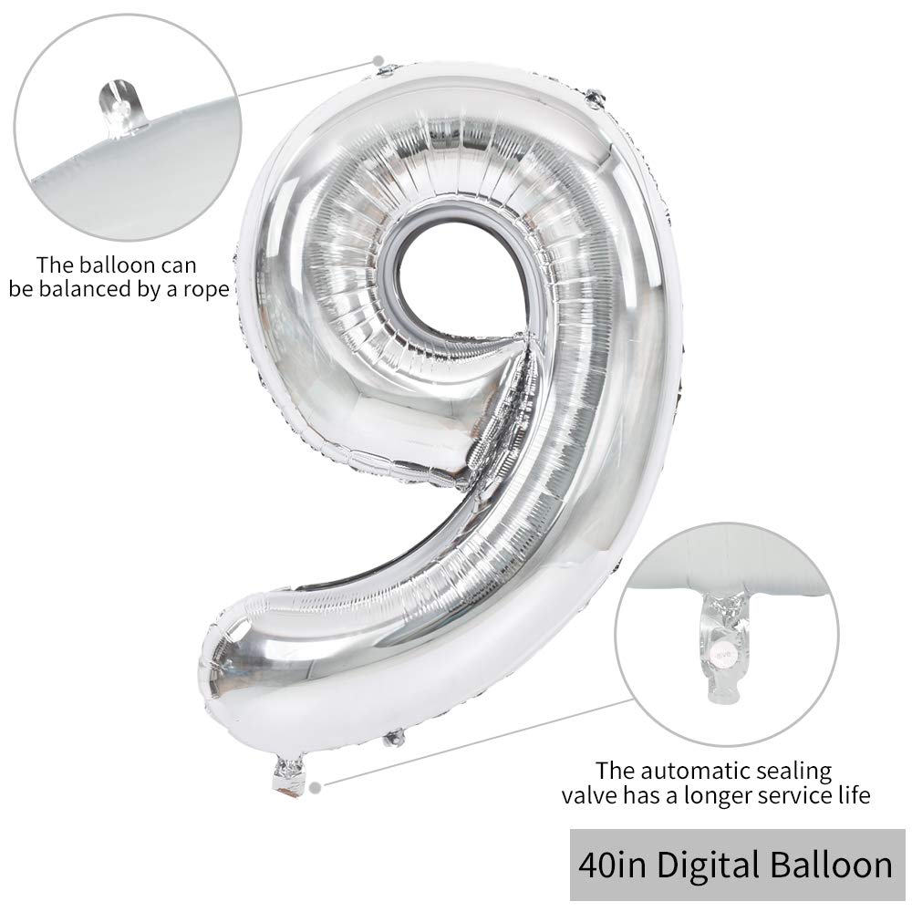 Toniful 40 Inch Silver Large Numbers Balloons 0-9, Number 9 Digital 9 Helium Balloons, Foil Mylar Big Number Balloons For Birthd