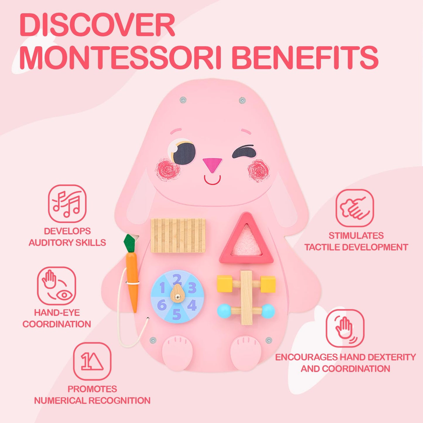 Monlurd Wooden Rabbit Sensory Wall Toy, Busy Board For Toddlers, Montessori Sensory Wall Panel For Kids, Ideal For Classroom, Pl