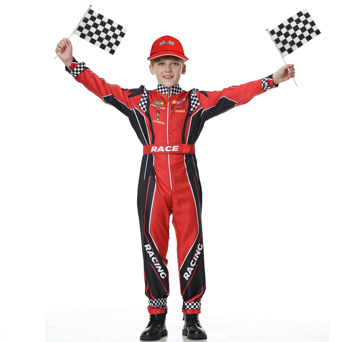 Treyrea Race Car Driver Costume Boys Racer Jumpsuit With Car Cap Kids Dress Up For Halloween (Red Set, Xl(For Height 57''-60''))