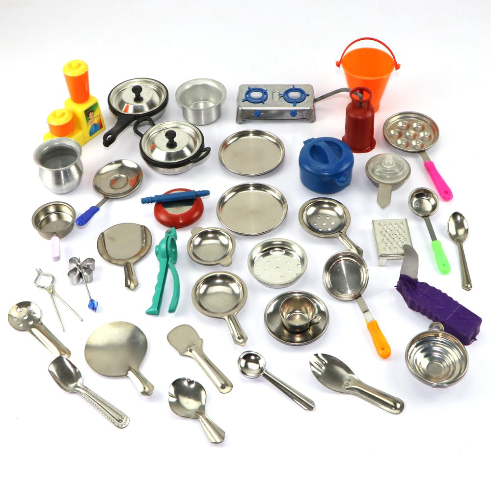 Varnika Stores 38 Pcs Miniature Kitchen Set For Kids Girls - Real Cooking Kit, Steel Choppu Jaman, Play Kitchen (Pack Of 38)