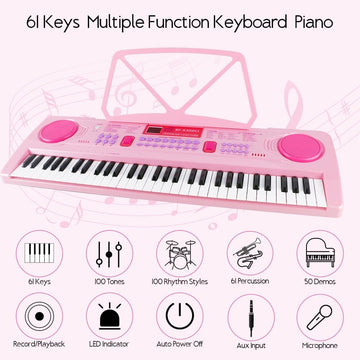 WOSTOO 61-Key Kids Keyboard Piano, Portable Pink Electronic Toy with Microphone & Music Stand, Ideal for Beginners