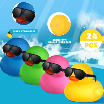 24 Pcs Mini Rubber Ducks With Sunglasses, Rubber Ducks In Bulk Valentine Duck Bathtub Toys For Cruise Valentines Kids Classroom Gift Exchange(Mixed Colors, Eyeglasses)