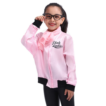 Rabtero Kids 1950s Costumes, Girls 50s Outfit Grease Costume, Pink Ladies Costume for Girls, Pink Ladies Satin Jacket with Pants