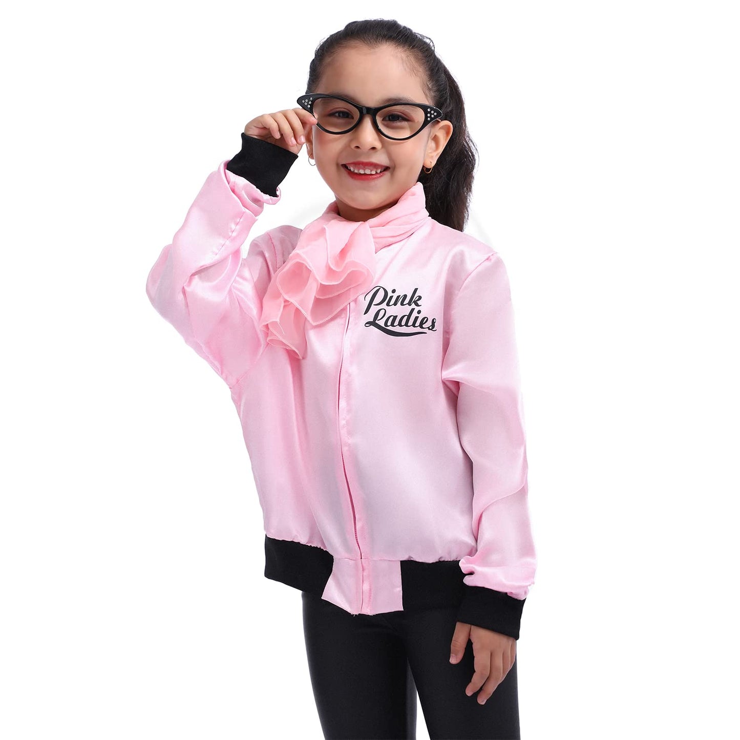 Rabtero Kids 1950S Costumes, Girls 50S Outfit Grease Costume, Pink Ladies Costume For Girls, Pink Ladies Satin Jacket With Pants, Glasses, Earrings And Scarf, Size 8-10