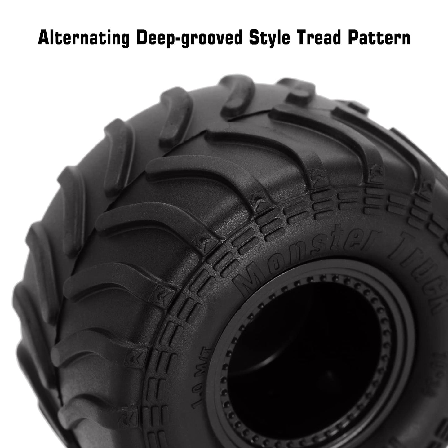 INJORA Monster Truck Wheel Rim Tires Set for Axial SCX24 FMS FCX24 and TRX4MT, 70 * 38mm, MT1012(Black)