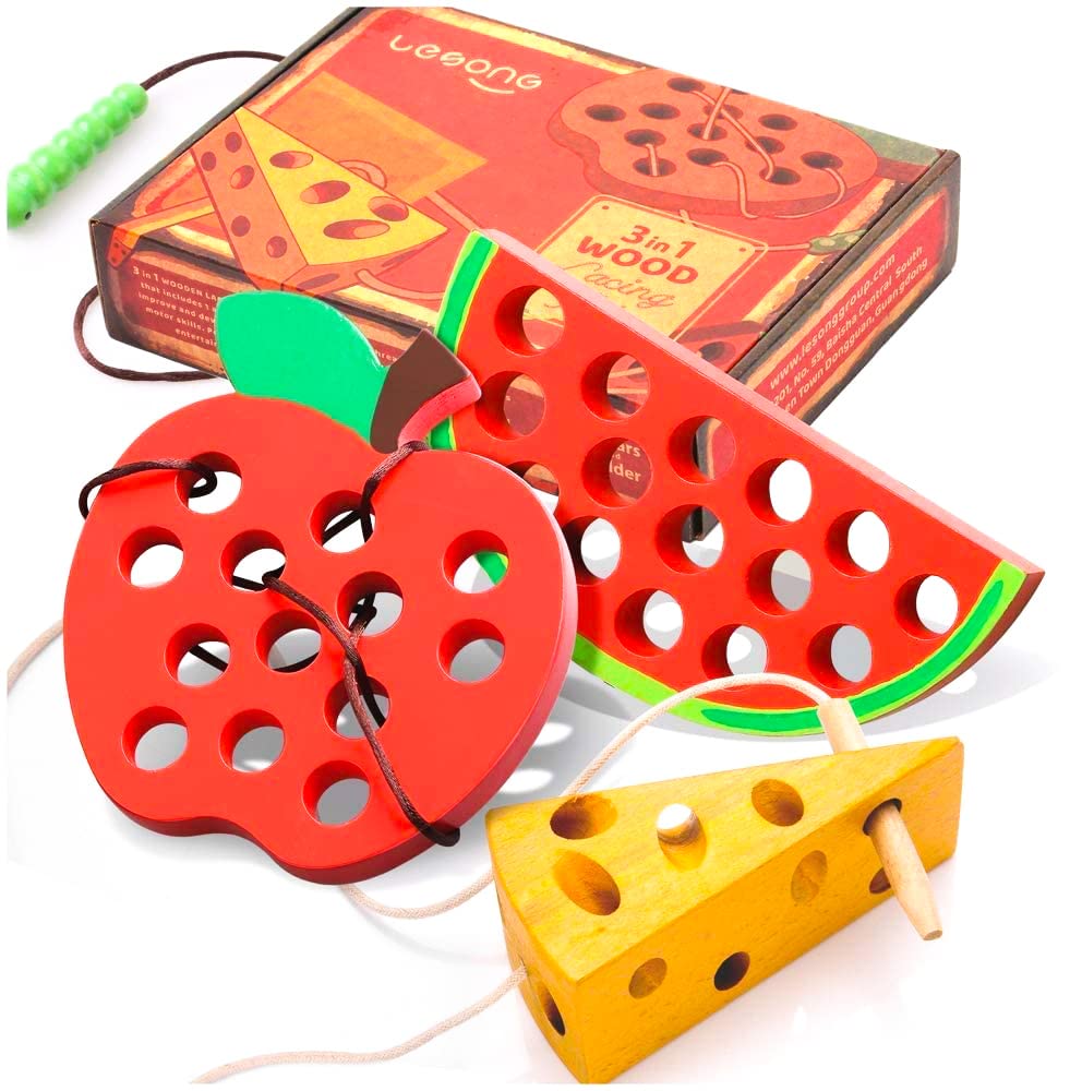 Lacing Toy For Toddlers, Fine Motor Skill Toys For 3 Year Old, Educational Learning Montessori Activity For Baby Kids, Car Plane Travel Games, Wooden Threading Toys 1 Apple,1 Watermelon, 1 Cheese.
