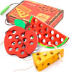 Lacing Toy For Toddlers, Fine Motor Skill Toys For 3 Year Old, Educational Learning Montessori Activity For Baby Kids, Car Plane Travel Games, Wooden Threading Toys 1 Apple,1 Watermelon, 1 Cheese.