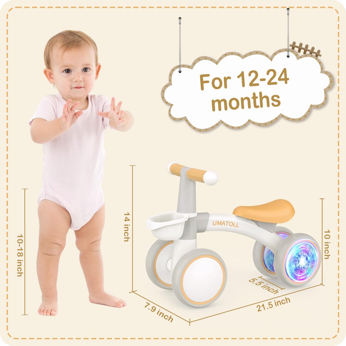 Umatoll Colorful Lighting Baby Balance Bike Toys For 1 Year Old Boys Gifts, Adjustable Seat Baby Walker, One Year Old Boy Birthday Gifts, 12-24 Months Toddler First Ride On Toys With Removable Basket