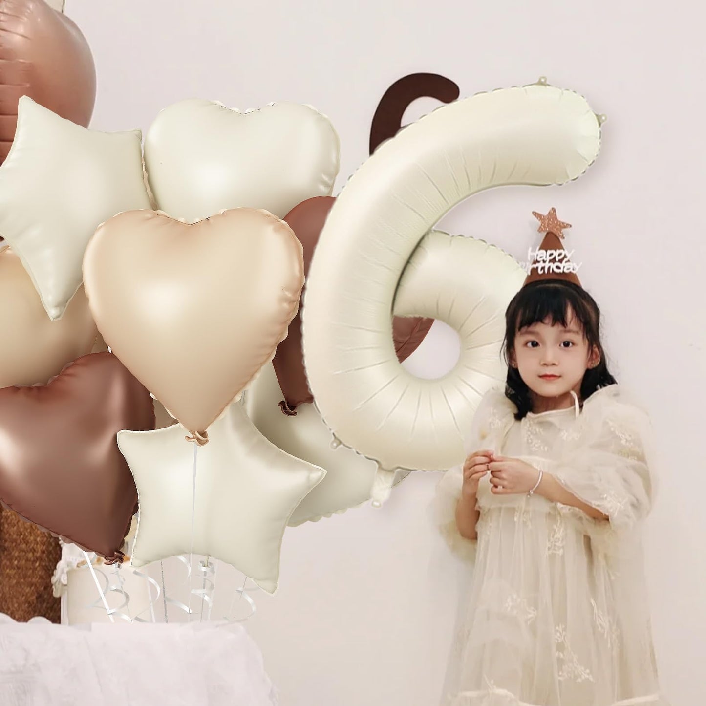 3Rd Birthday Balloons For Girls, Large Foil Beige Cream Sand White Neutral 3 Balloon, Nude Tan Apricot Brown Helium Heart Star B