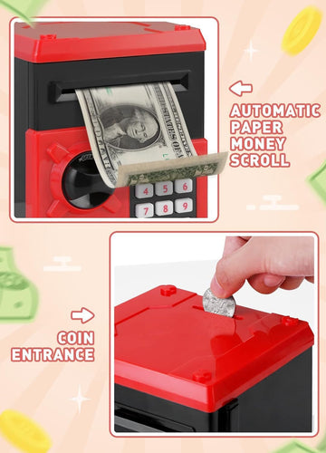 Playsheek Piggy Bank For Girls Boys Large Electronic Money Coin Banks With Password Protection, Automatic Paper Money Scroll Saving Box, Great Gift For Kids (Black-Red)