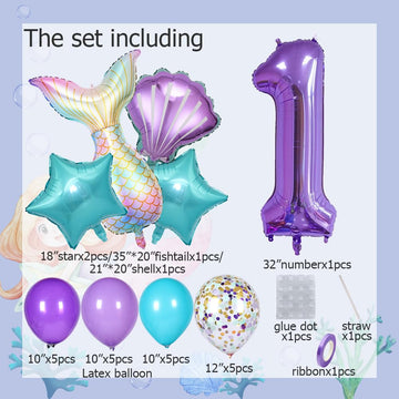 Msmancy Mermaid Birthday Decorations For Girls, 25Pcs Mermaid Party Supplies Set With Mermaid Tail, Shell, Star, Latex Balloons