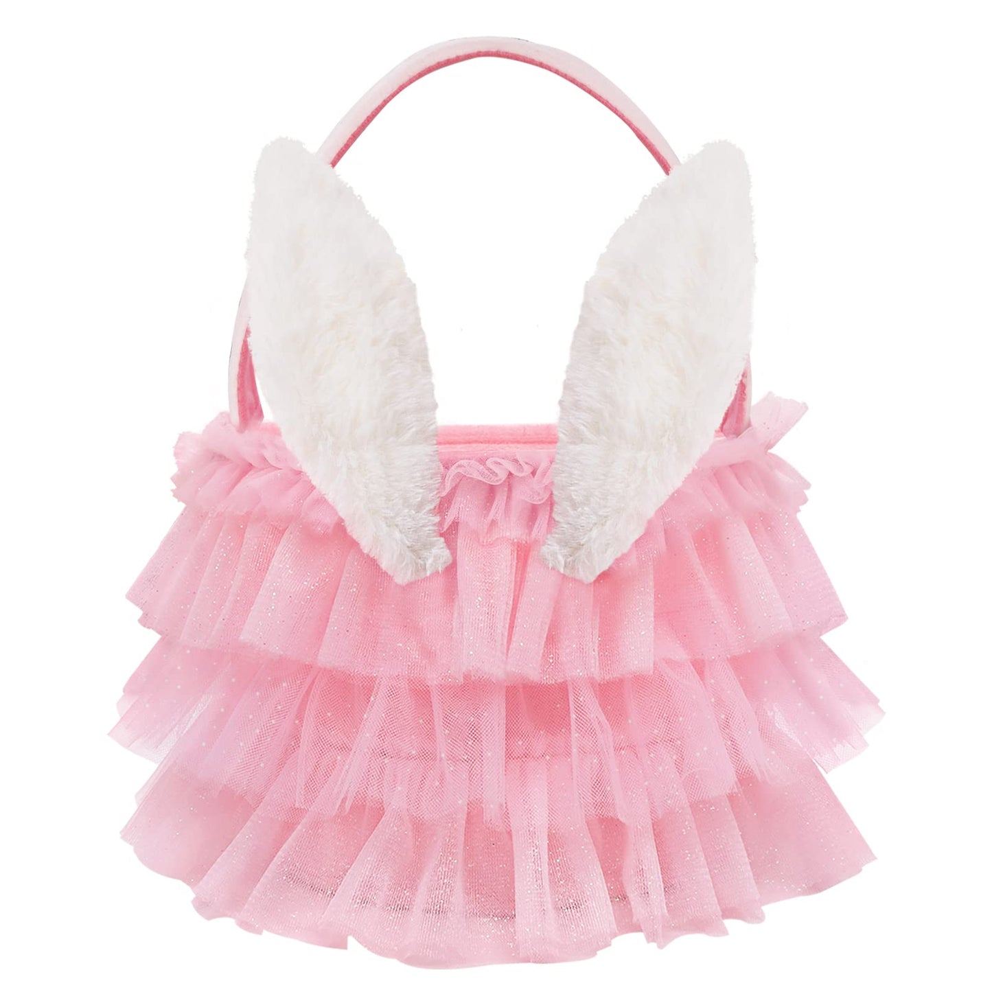 Bunny Chorus Tutu Easter Basket, Pink Ruffled Shining Tulle With Fluffy Bunny Ears, Easter Theme Party Favors Stuffers Gifts For