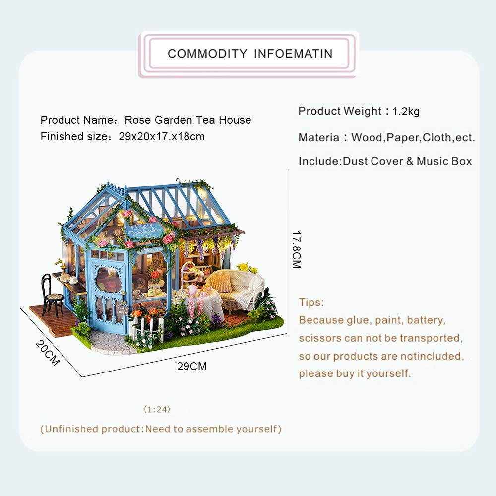 Cutebee Dollhouse Miniature House With Furniture, Diy Dollhouse Kit With Dust Proof, Music Movement, 1:24 Scale Creative Room For Valentine'S Day Gift For Family And Friends (Rose Garden Tea House)