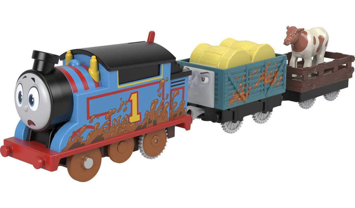 Thomas & Friends Motorized Toy Train Muddy Thomas Engine With Cargo Cars & Cow For Preschool Pretend Play Kids Ages 3+ Years