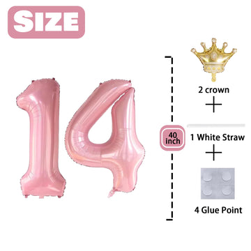 14 Number Balloon Pink 40 Inch Big Foil Crown Helium 14Th Balloons For 14 Year Old Boy Girl Birthday Party Decorations Wedding A