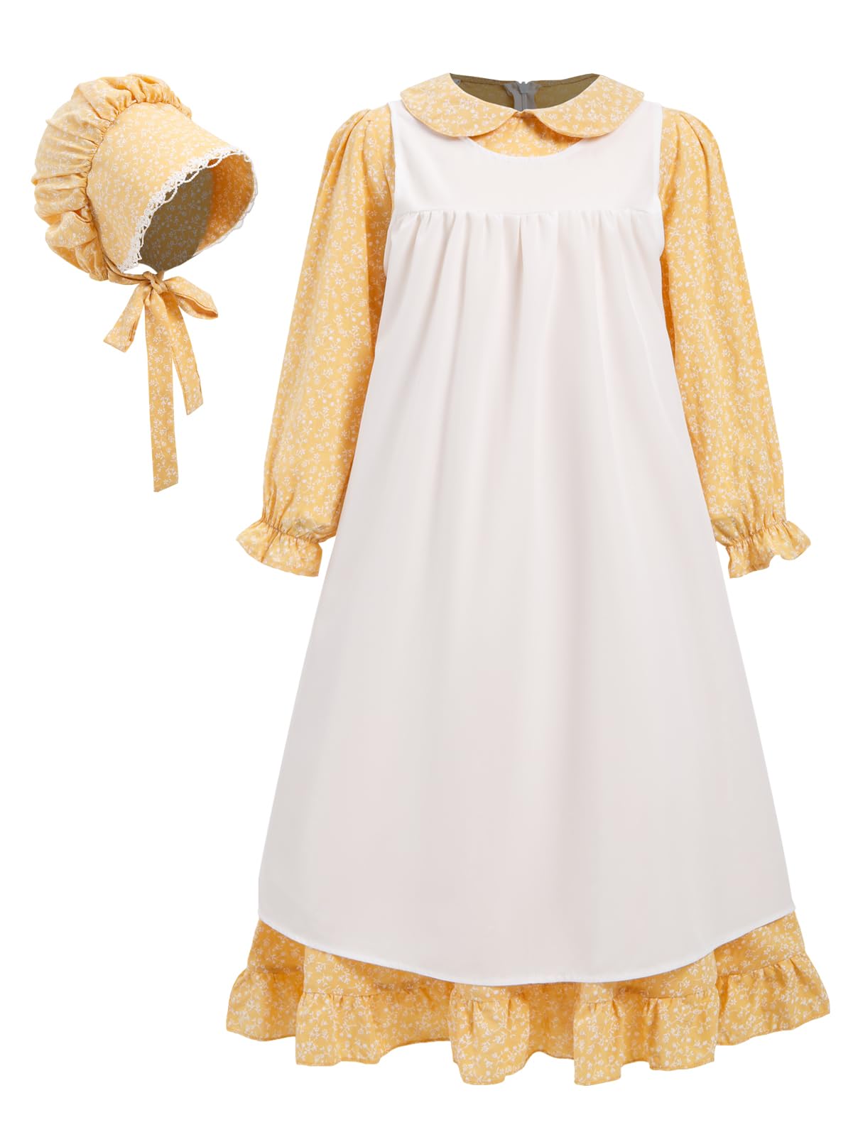 Pioneer Dresses For Girls Prairie Colonial Costume Long Sleeves Laura Ingalls Pilgrim Costume Yellow 7-8Y