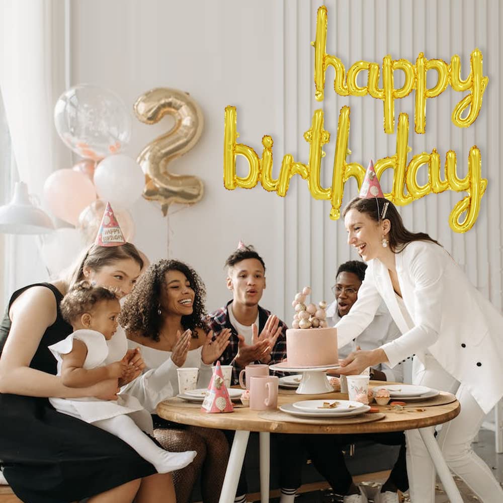Toniful Gold Happy Birthday Balloons Banner, 16 Inch Mylar Foil Script/Cursive Letters Birthday Sign Banner Balloon Reusable Mat