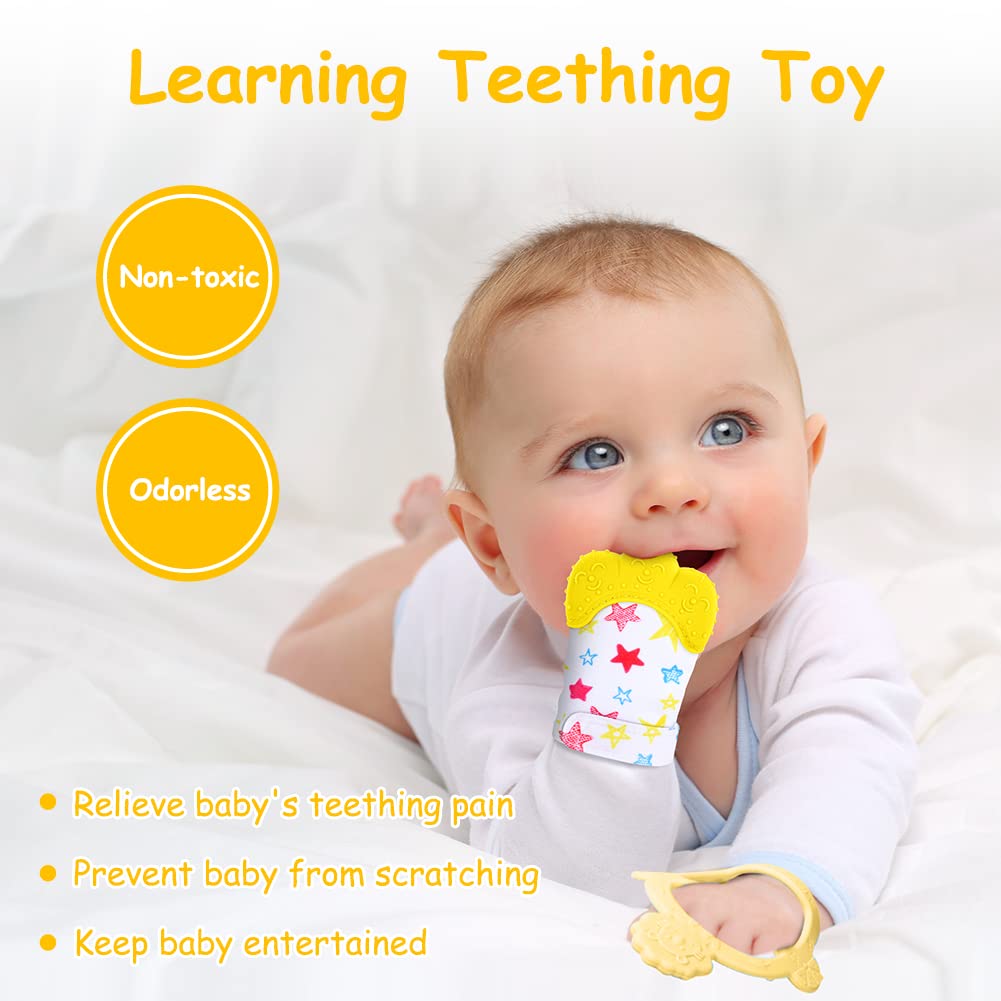 Vicloon Silicone Teething Mitt, 2Pcs Baby Teething Mitten, Baby Teething Toy With Adjustable Strap, Crinkle Sound And Textured, Baby Teething Mitten Self Soothing Baby Chew Toys For 0-6Month Infants