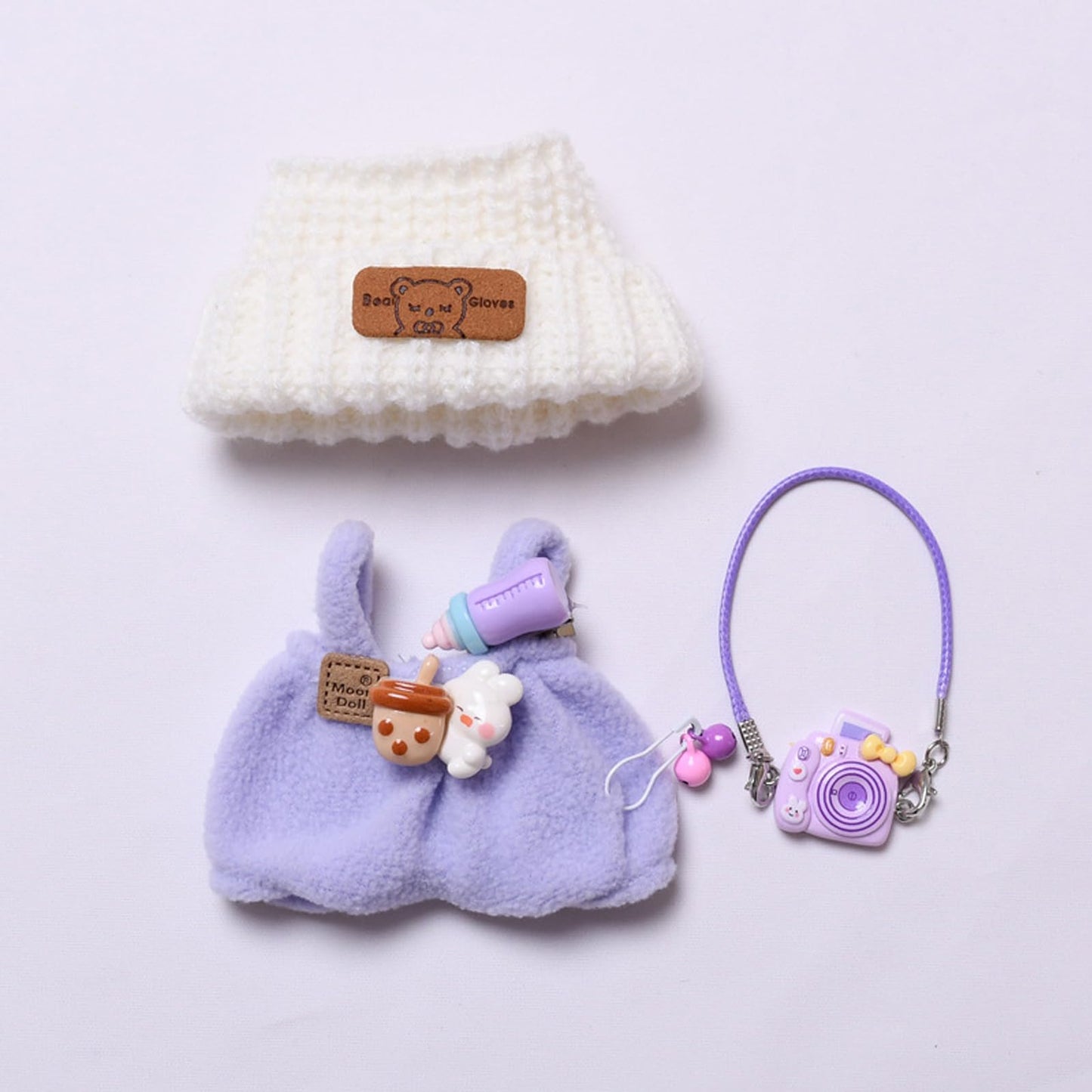 QIUTIMIY Clothes for Doll 17cm Doll Clothes 3-Piece-Purple-Set Doll Clothes enhanced Doll Outfit with Accessories-Overall+Woolen Hat+Camera(NO Doll Included)
