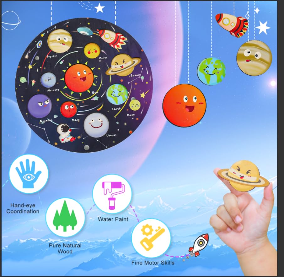 Zeoddler Upgrated Solar System Puzzle, Kids Toys For 3-6, Wooden Space Toys For Kids, Planets For Kids Preschool Learning Activities, Gift For Boys, Girls