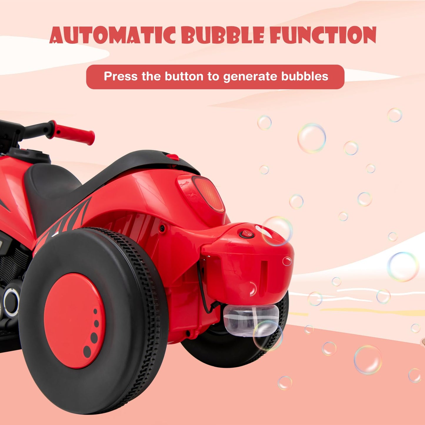 Olakids Kids Motorcycle, 6V Electric Ride On Car With Automatic Bubble Function, Foot Pedal, Headlight, Music, 3 Anti-Skip Wheel