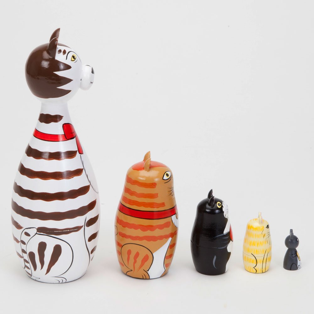 Bits And Pieces - ''Cleo & Friends Nesting Cats-Hand Painted Wooden Nesting Dolls Matryoshka - Set Of 5 Dolls From 7'' Tall With