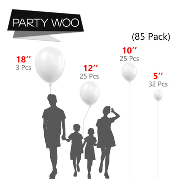 Partywoo White Balloons, 85 Pcs Matte White Balloons Different Sizes Pack Of 18 Inch 12 Inch 10 Inch 5 Inch White Balloons For Balloon Garland Or Balloon Arch As Birthday Party Decorations, White-Y13