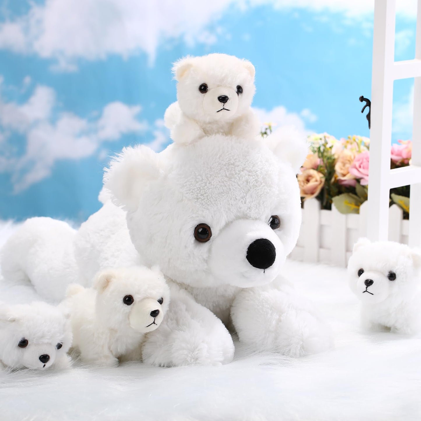 Leitee 5 Pcs Polar Bear Plush Set Large Mommy Polar Bear Stuffed Animal With 4 Cuddly Baby Plushies In Belly For Boys Girls Birthday Winter Holiday Decor Gifts(Lying)