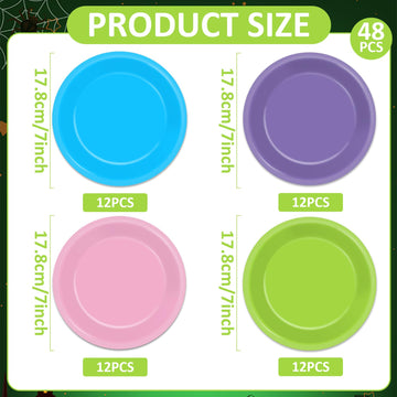 48PCS Monster Birthday Party Paper Plates for Monster Themed Party Supplies 7 Pink Purple Blue Green Cartoon Disposable Desser