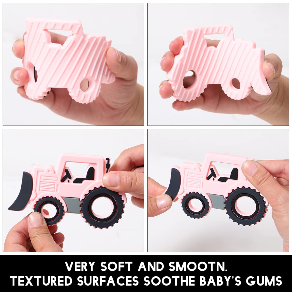Amazingm Car Series Baby Teething Toys,Food Grade Silicone Chew Teether For 3 Months+ Infant Boy And Girl,Toddler Sensory Chewing Teether,Bpa Free. (Bulldozer, Pink)