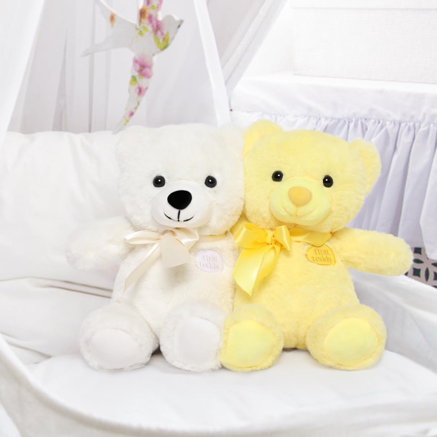 Tezituor Small Teddy Bear Stuffed Animals, Pack Of 2 Cute Bear Plush With Bow Tie For Boy Girl Kids, White And Yellow Stuffed Be