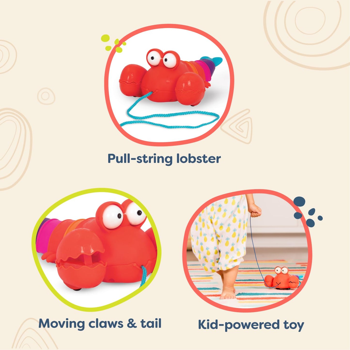 B. toys Pull Along Lobster Toy - Waggle-A-Longs, Developmental Push/Pull Toy for Toddlers, Red, Model BX1644Z