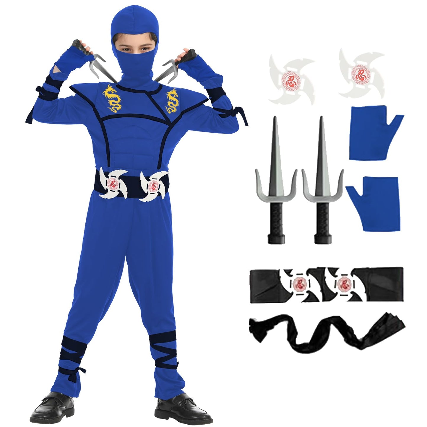 Satkull Ninja Costumes Halloween Ninja Costume For Kids Dragon Ninja Costumes Set Halloween Role Play Costume For Boys(Kids-L-8/9T Blue)