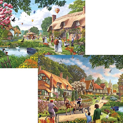 Bits And Pieces - 4-In-1 Multi-Pack 500 Piece Jigsaw Puzzles For Adults - Village Life By Artist Steve Crisp, Completed Puzzle S