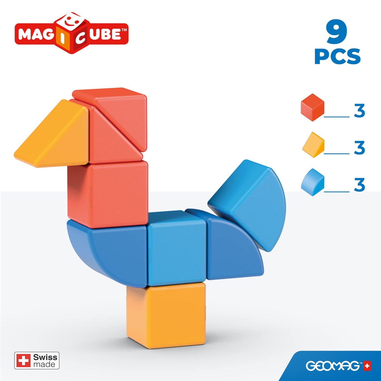 Geomag Swiss-Made Magicube 9-Piece Magnetic Animal Shapes Building Set, Shaped Stacking Blocks For Toddlers & Kids Ages 1-5, Stem Educational Toy, Creativity, Imagination, Early Learning Fun