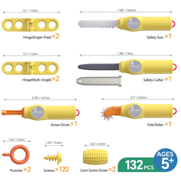 Kraftzoo Cardboard Construction Tool Kit for Kids - 132 PCS DIY Cutting Tools & Educational Toys for Family & Team Projects - Cr