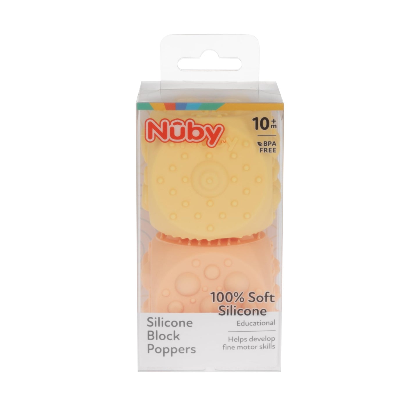 Nuby Silicone Block Poppers - (2-Pack) Interactive Baby Block Toy For Babies 10+ Months - Yellow And Orange
