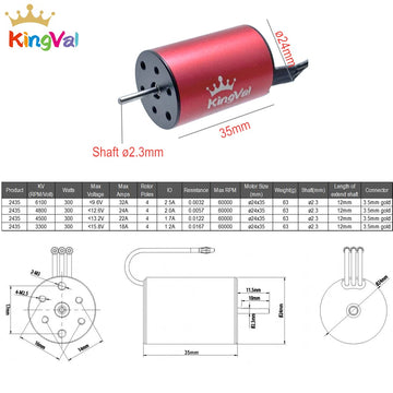 KingVal Replacement 2435 4800KV Waterproof Brushless Motor Shaft 2.3mm Compatible with 1/16 1/18 RC Car