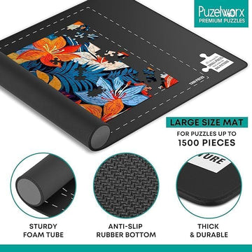 Rubber Puzzle Mat, Roll Up Puzzle Board For Jigsaw Puzzles - 1500 Pieces Protector, Saver, Organizer, Non-Slip Rubber Bottom, Foam Rolling Tube, Polyester Top W/Storage Bag + Bonus Puzzle Glue