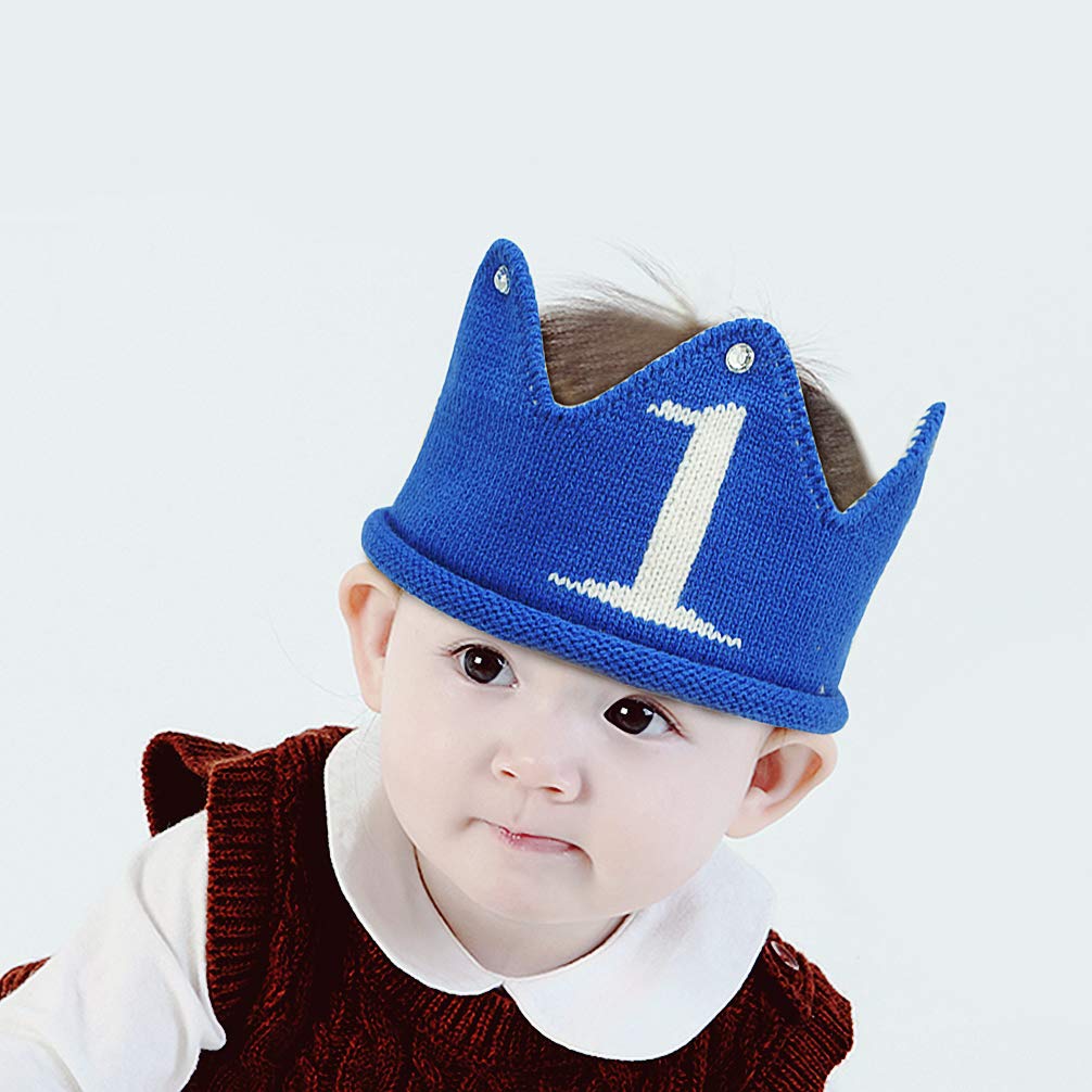 Lujuny Knit 1st Birthday Hat - Happy Baby Crown Headband Cap for Party Costume Photoshoot (BLUE)