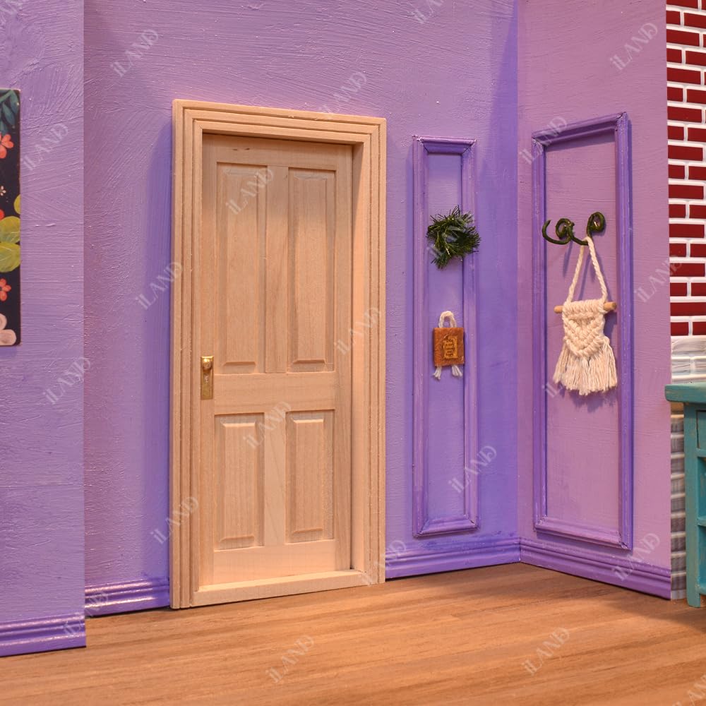 iLAND Wooden Dollhouse Door w/Trims & Doorknob & Key, Dollhouse Buding Materials, Minaiture Dollhouse Accessories (Classic 4-Pan