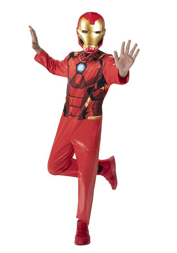Marvel Iron Man Official Youth Halloween Costume - enhanced Quality Fabric Jumpsuit with Printed Design and Plastic Mask - Size Medium Red
