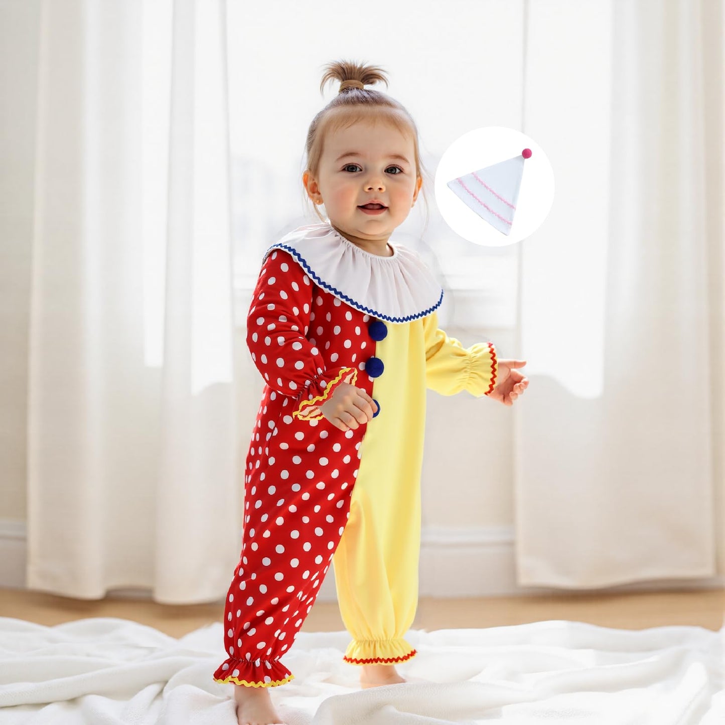 Aiwpstoin Toddler Baby Clown Costume Boy Girl Funny Halloween Outfit Contrast Color Long Sleeve Jumpsuit with Hat (Red, 4-5T)
