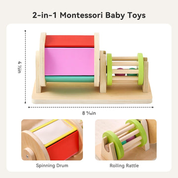 Ieatfo 2-In-1 Montessori Baby Toys | Wooden Spinning Drum & Rolling Rattle Combo For 3 6 12 Months | Sensory Development Toys Wi